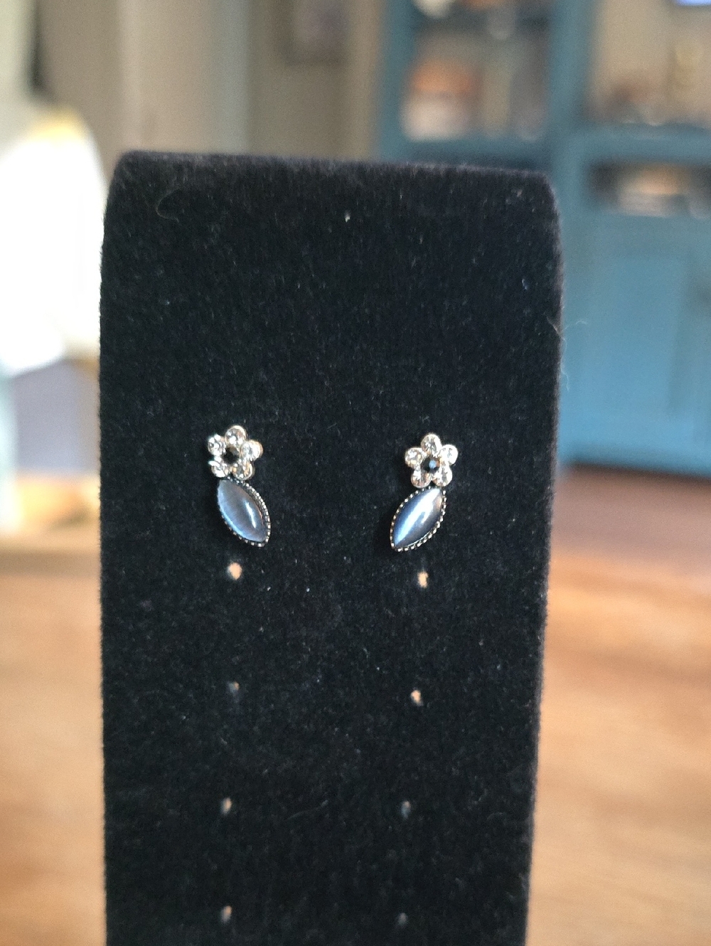 Delicate Flower and Marquise Stud Earrings - Silver Tone with Gray Accents